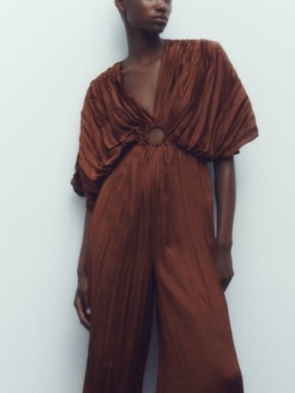 Zara Chocolate Brown Pleated Ring-Detail Jumpsuit